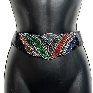 Vintage Magid Sequin Cummerbund Belt 1980s 1990s Colorful Fan Shell Size M